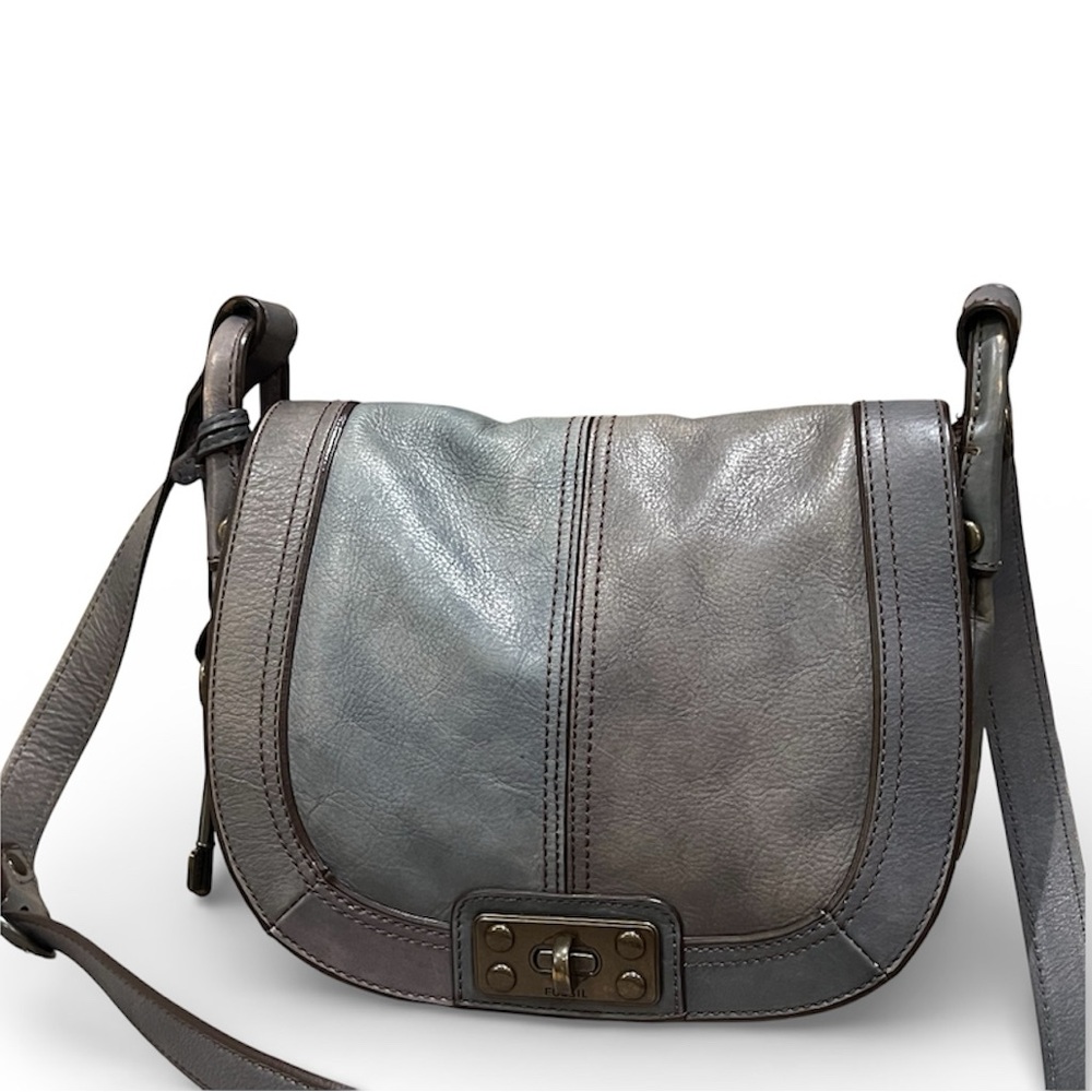 Fossil Reissue Vintage Two Tone Blue Gray Leather Saddle Flap Bag